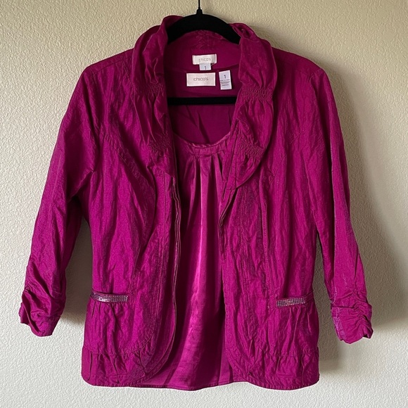 Chico’s Metallic Pink Blazer Cardigan Jacket Sz 1 W/Tank Barbiecore Career Top - Picture 1 of 16